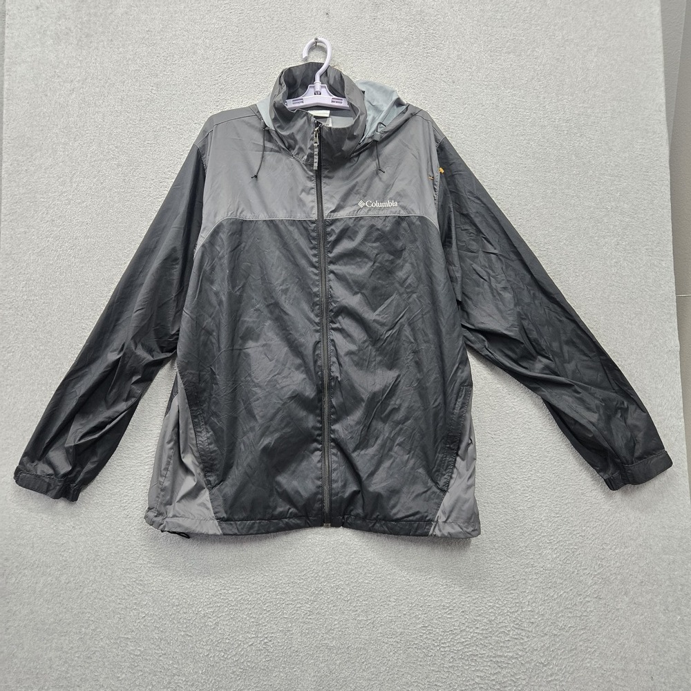 Columbia Men Jacket L Gray Colorblock Glennaker Lake II Hooded Rain Nylon Logo